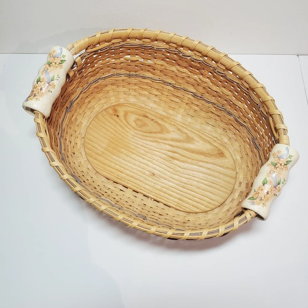Signed‎ Artisan Woven Splint Bread Basket Wood Base Floral Porcelain Handles